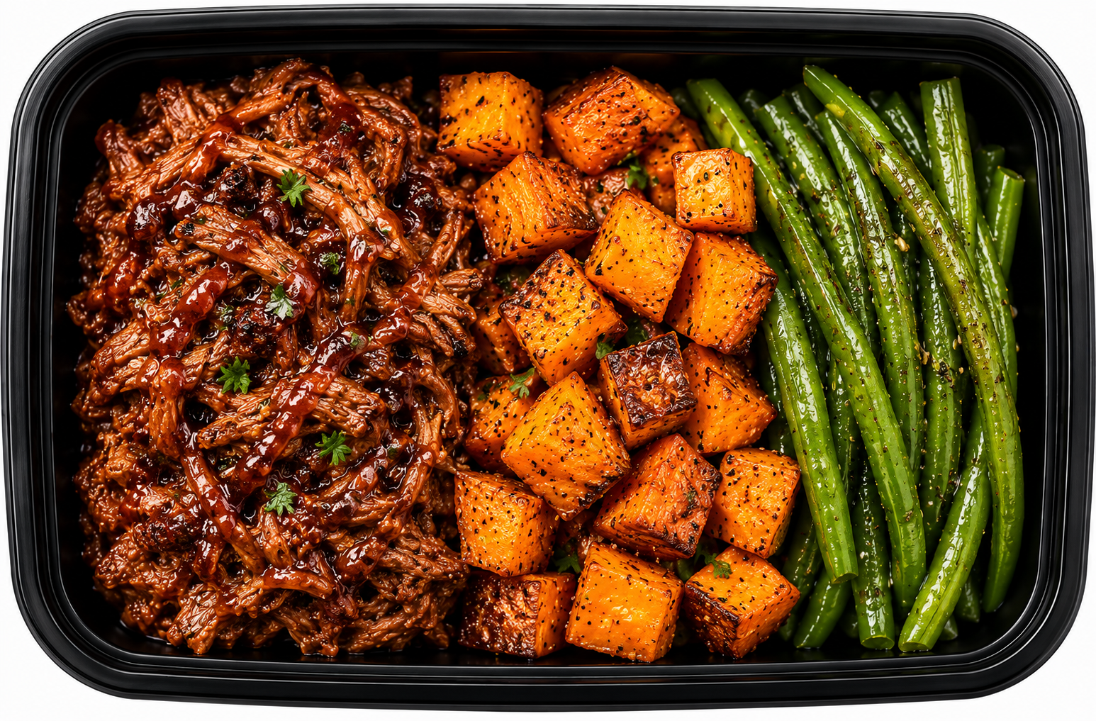 BBQ Pulled Pork + Roasted Sweet Potatoes + Green Beans