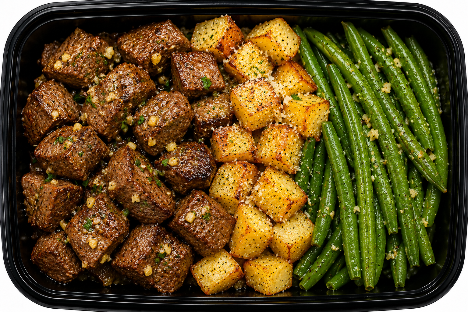 Garlic Butter Steak Bites + Parmesan Roasted Potatoes + Green Beans